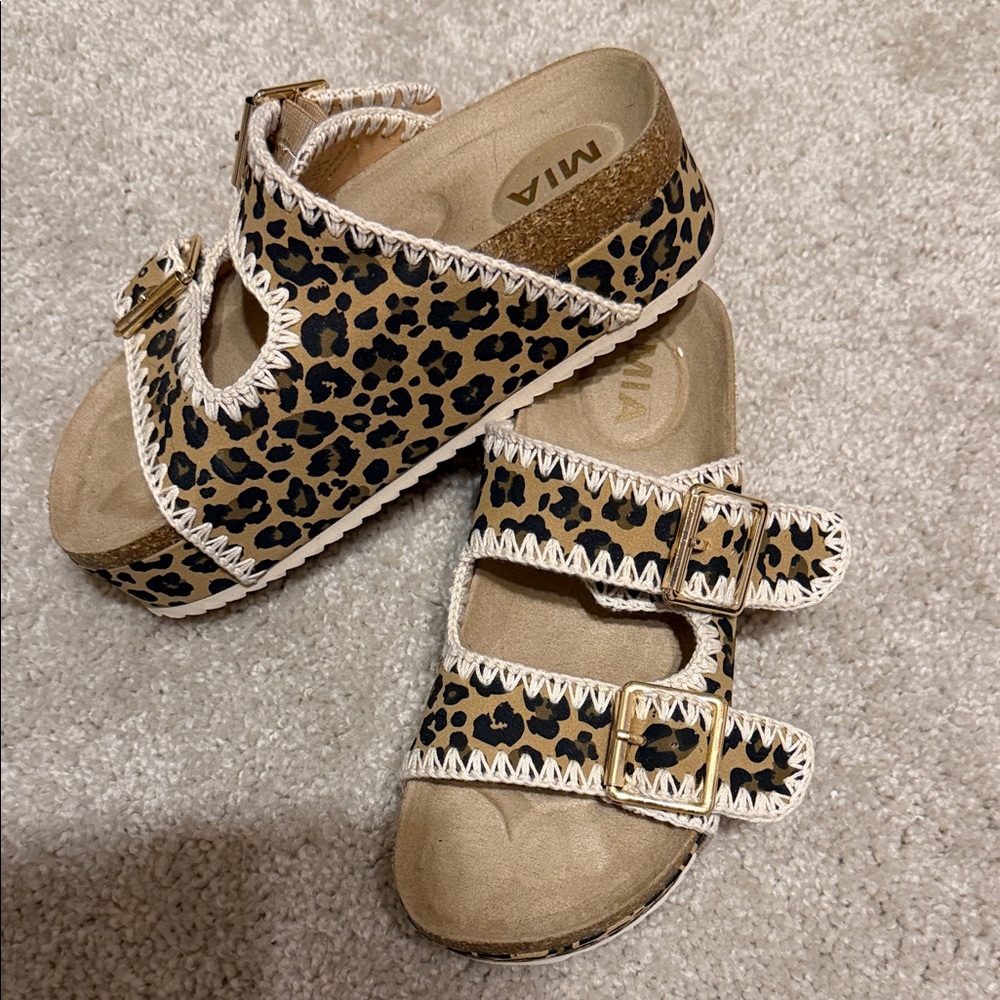 MIA Leopard Print Platform Sandals with Gold Buckles